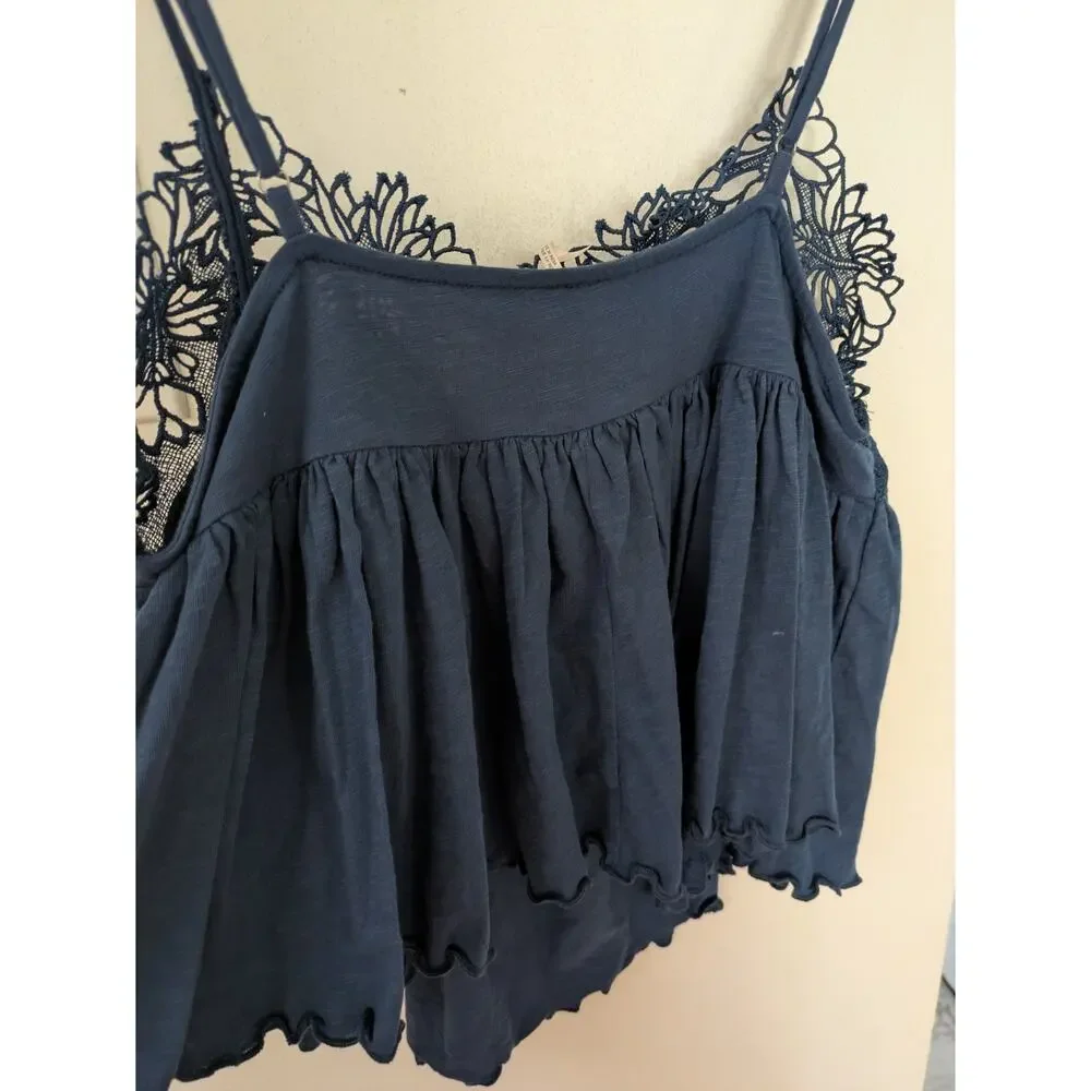 NWT Free People Kayla Tank Navy Blue Boho Lace Trim Cami Top